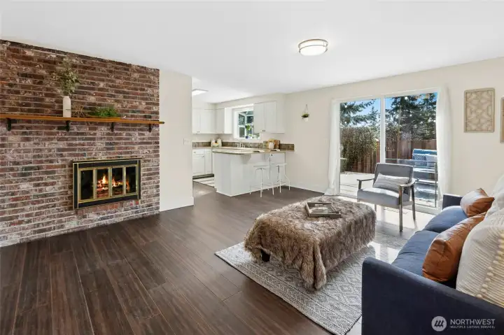 Classic brick fireplace.