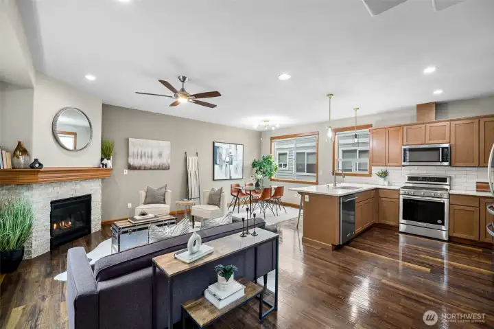 Walk up to the main floor and flow from living room, dining and kitchen