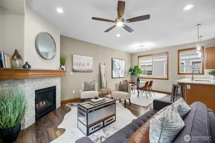 Keep comfortable with the Gas fireplace with stone surround and fan