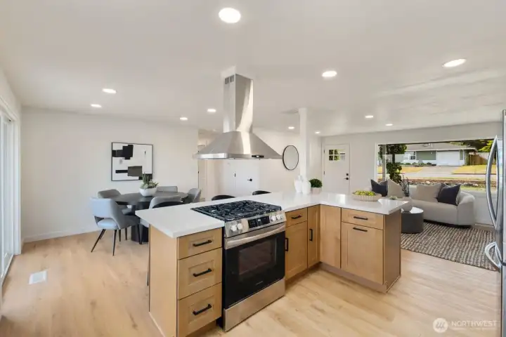 Oversized island offers space for prep and gatherings.