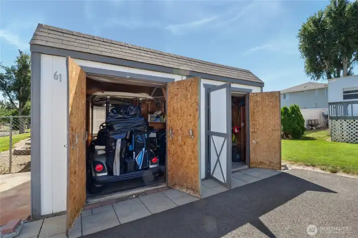 Storage shed provides room for gear and supplies.
