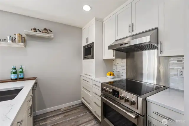 Shaker cabinets, quartz countertops, high end appliances.