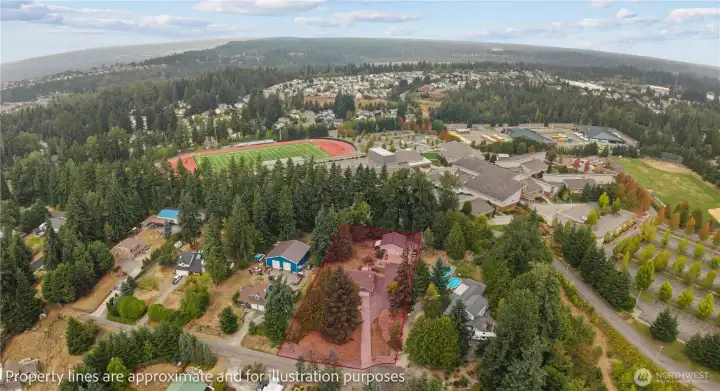 Drone image showing how big the lot is! Bonney Lake HS is directly behind the home w/secret access from the backyard. Super convenient for the kiddos!