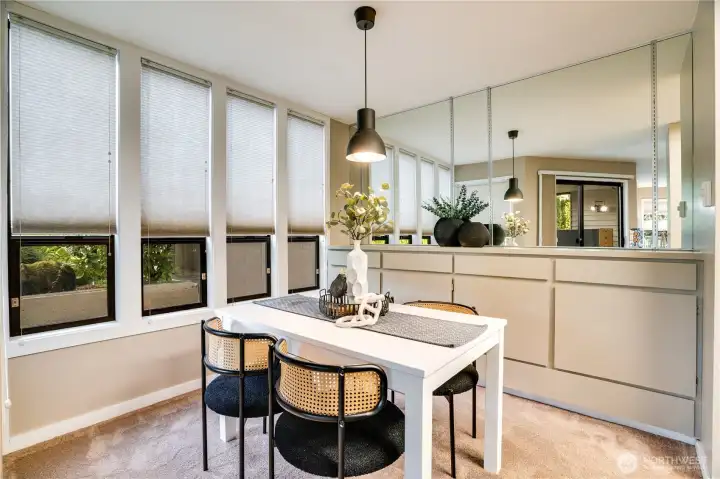 Custom drapes throughout for a sunny breakfast and a dimly lit dinner.