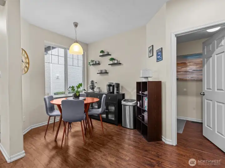 A breakfast nook is perfectly situated.