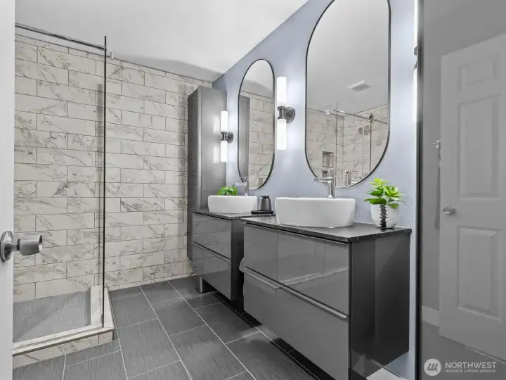 A gorgeous spa-like bathroom is stunningly designed.