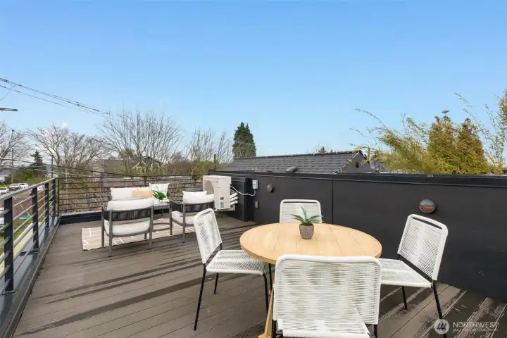 Roof deck is private from neighbors' and has incredible 360-degree views. Lake Washington and Cascades are visible to the East here.