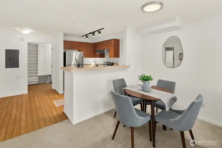 Open-concept kitchen connected to dinning and living areas