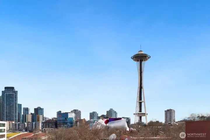 Rooftop deck with Space Needle and Seattle