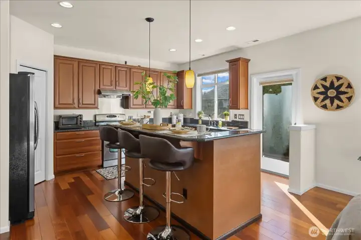 Chefs kitchen with island and bartop