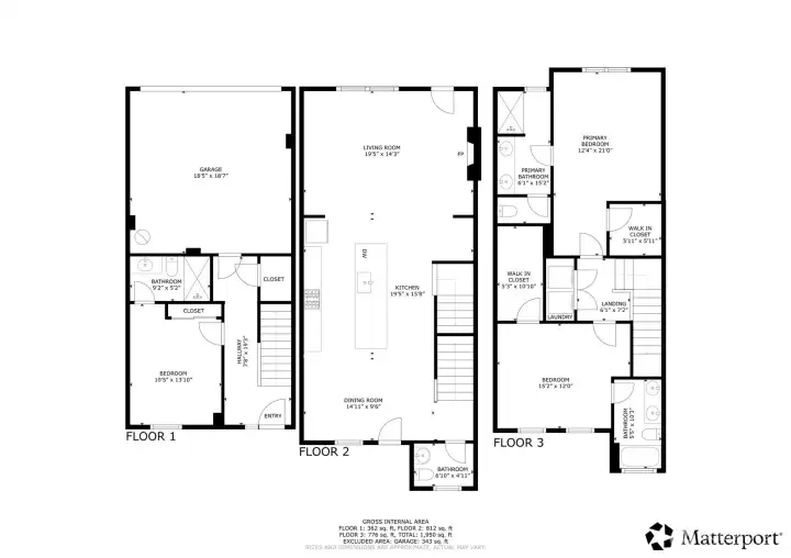 According to Snohomish County tax records, the lower level is 410 SqFt, the main level is 862 SqFt, the upper level is 835 SqFt and the garage is 390 SqFt (all squarefootages to be veirfied by buyer).