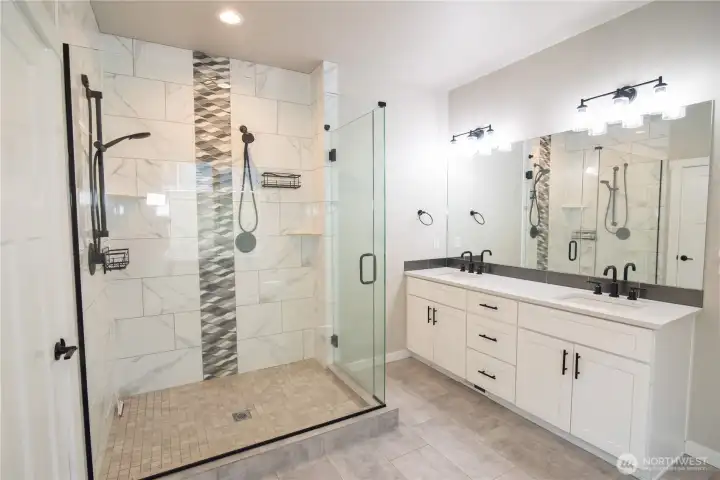 Sophisticated 5 piece ensuite with double showerheads in this gorgeous shower!