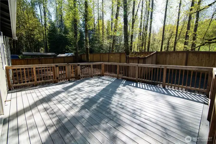 Expansive composite decking with so much privacy and fencing dividing the two yards for mulitple uses. Expansive composite decking with so much privacy and fencing dividing the two yards for mulitple uses.