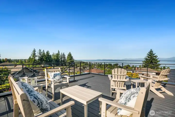 rooftop deck and views of Puget Sound and Olympic Mt. range
