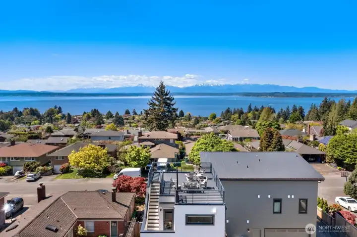 rooftop deck and views of Puget Sound and Olympic Mt. range