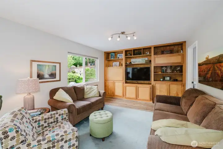 Family room with custom built shelves