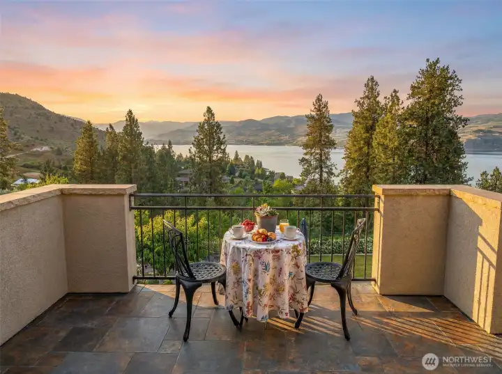 Scenic balcony perfectly positioned for coffee at sunrise or wine at sunset