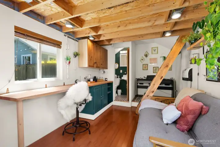 Studio space with room for couch, kitchenette, sleeping loft up the ladder… and 1/2 bath currently. Claw Foot Tub potential by keyboard. Studio space with room for couch, kitchenette, sleeping loft up the ladder… and 1/2 bath currently. Claw Foot Tub potential by keyboard.