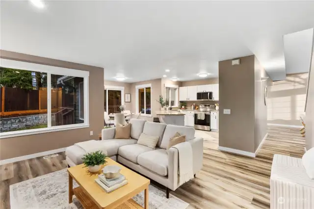 Another view of the spacious family room back toward the kitchen and eating area.