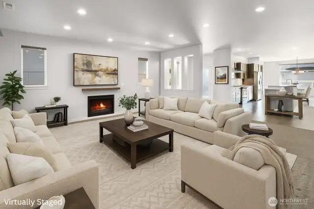 The heart of the home, the living room features a cozy fireplace as its focal point