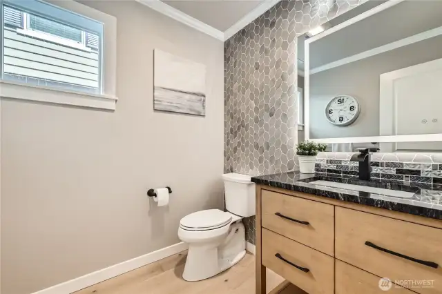 Powder Room om Main, custom tile & lighted mirror.