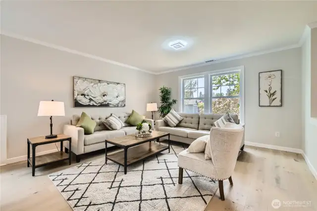 Open, sun filled living room for entertaining.