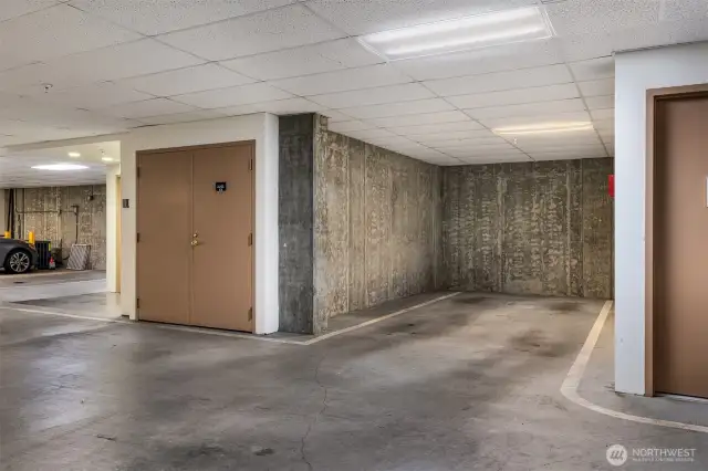 A secure, gated and well-lit garage. This is one of two parking spots and is right by the elevator to the home.