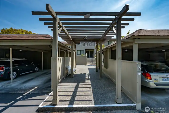 The mailbox plaza leads to the condominium entrance.