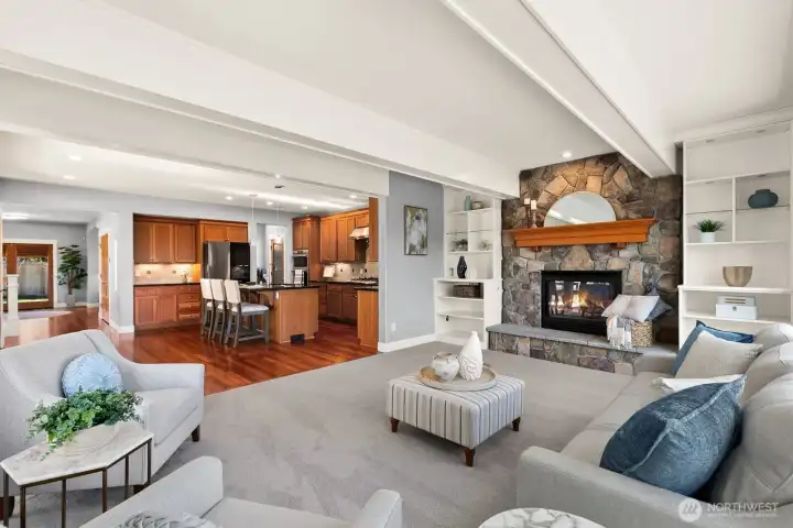 Box beam ceilings grace this warm and inviting space.