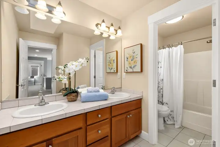 Upstairs full bathroom with skylights and dual sinks.