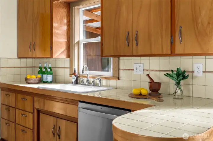 The countertops have been restored to period style.