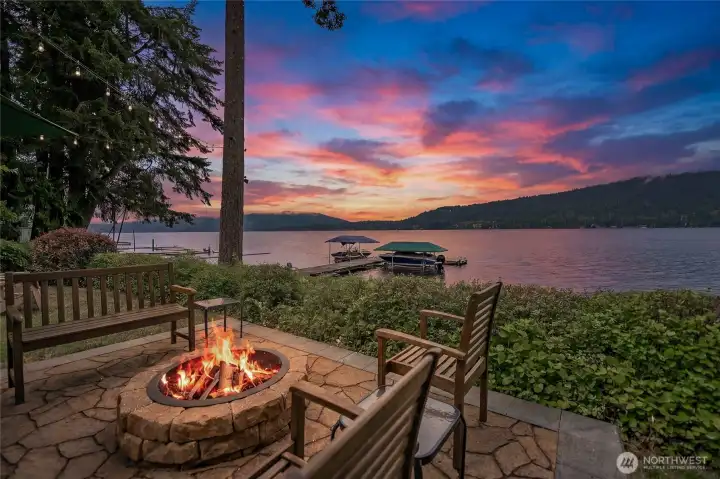 Patio with firepit on upper lawn