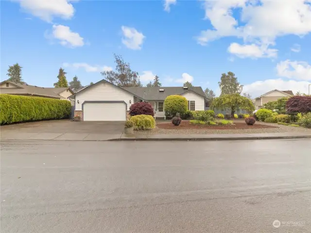 Over-sized driveway with additional parking to left. A vast assortment of foliage greets you.