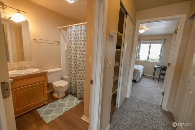 upstair bathroom and hallway. There is two huge closets in the hallway for your storage needs.