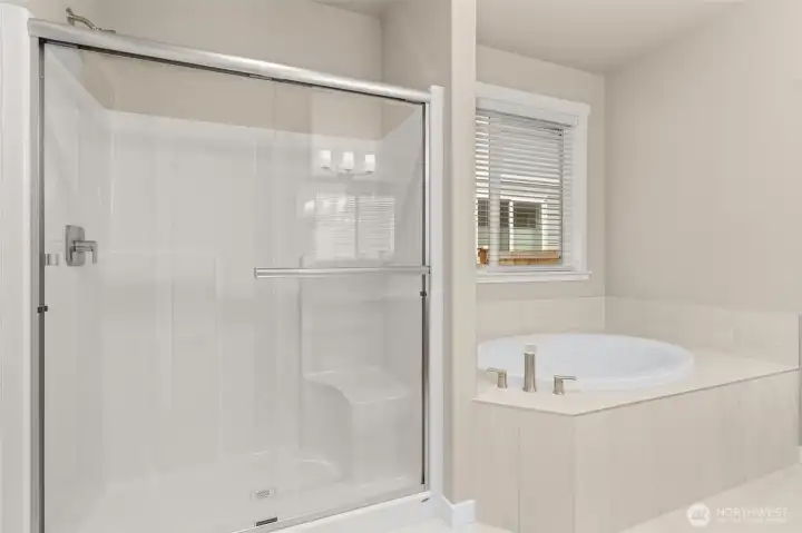 Walk-in shower and beautiful, large soaking tub in primary bath