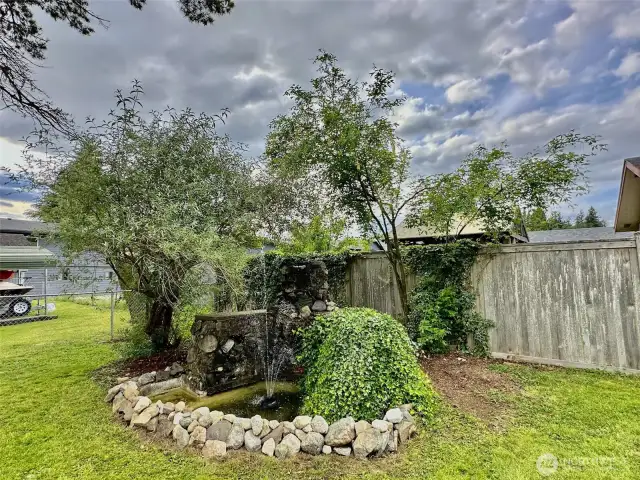 Beautiful pond with fountain at the corner of the yard!