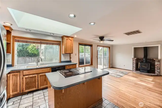Spacious kitchen with skylights with lots of natural light.