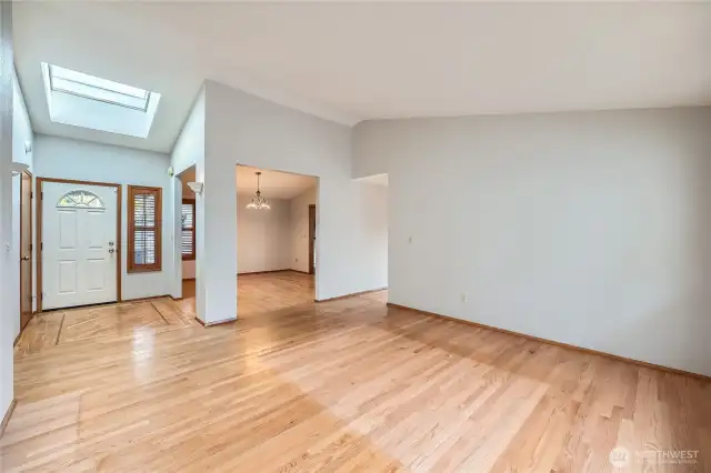 Vaulted ceilings in the living room with skylights for lots of natural sunlight.