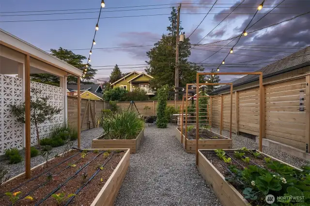 Wonderful planting beds with strawberries, herbs & onions.