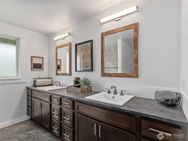 Double sink in primary bathroom.