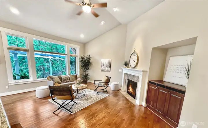Gas fireplace and built in cabinet for entertainment equipment.