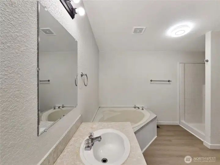 Relaxing corner soaking tub paired with a separate walk-in shower—offering functionality in the primary bath.