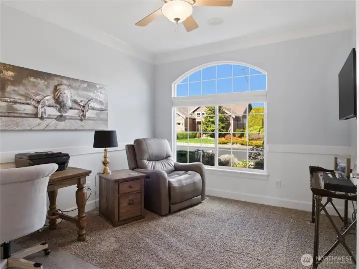 DEN/OFFICE with Ceiling Fan. Crown Moulding and Arched Window!!!