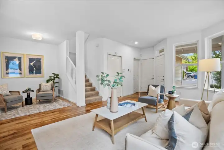 Open floor plan with a powder bath on main and access to a one car garage.