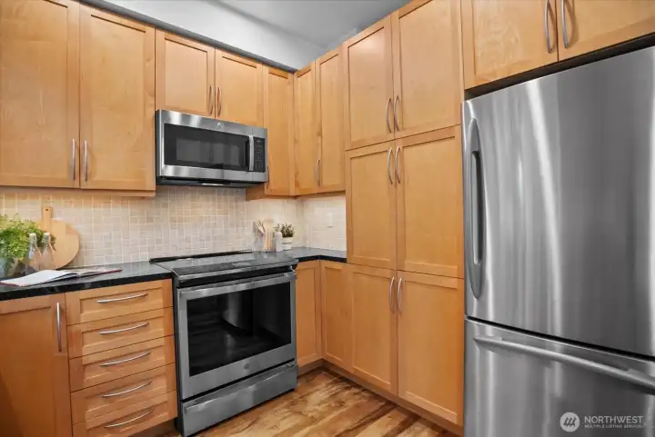 Tons of storage in this well designed kitchen update.