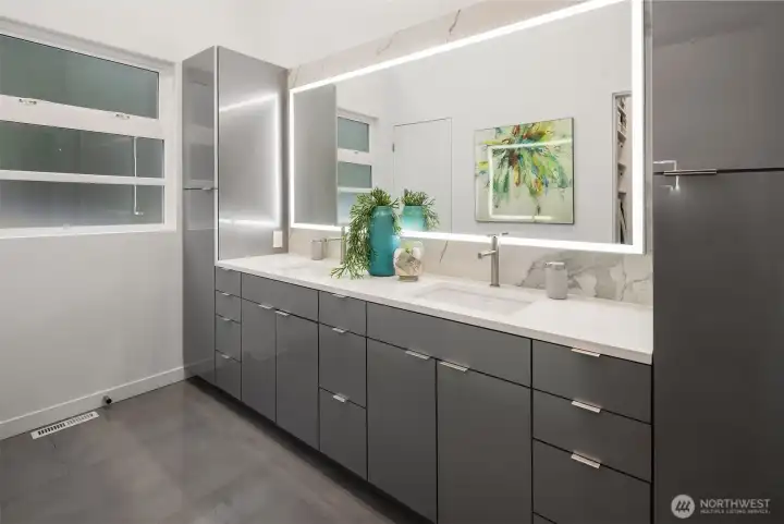 Primary bathroom with built-in smart storage design.