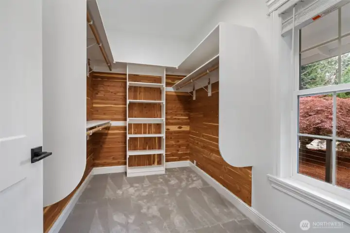 cedar lined closet in primary. cedar lined closet in primary.