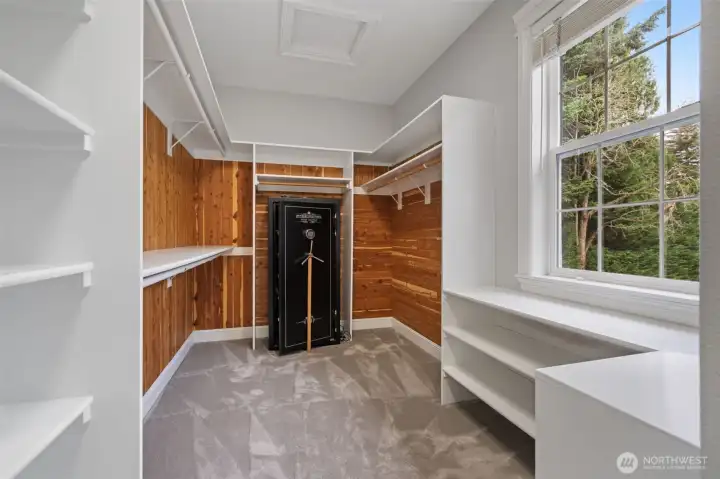 cedar lined closet in primary. cedar lined closet in primary.