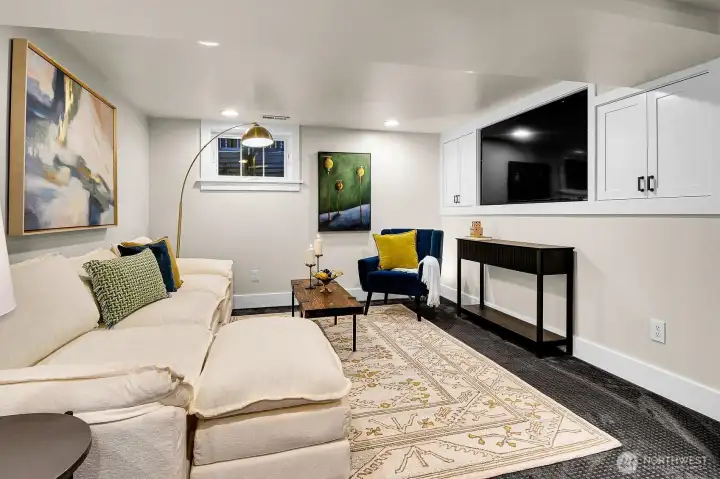 A fully remodeled basement is waiting for cozy movie nights. A fully remodeled basement is waiting for cozy movie nights.