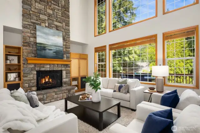 A striking stone fireplace, and a grand open great room is perfect for both intimate gatherings and large celebrations.
